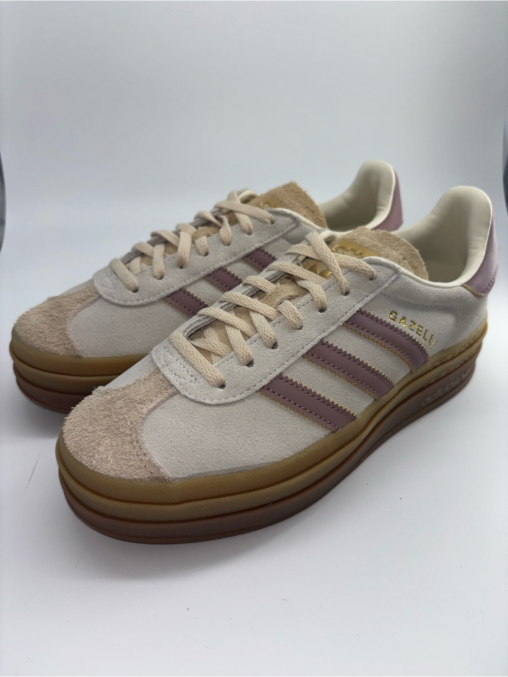 Adidas Original Gazelle Platform Suede Sneakers Cream/Clay/Sand Mauve Stripes W7